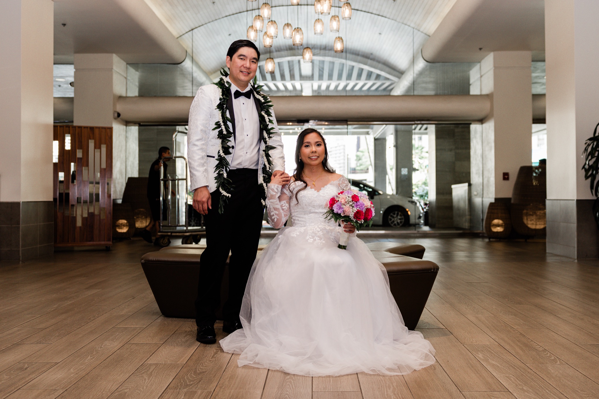 Bride and groom portrait in a Honolulu hotel lobby, Oahu
